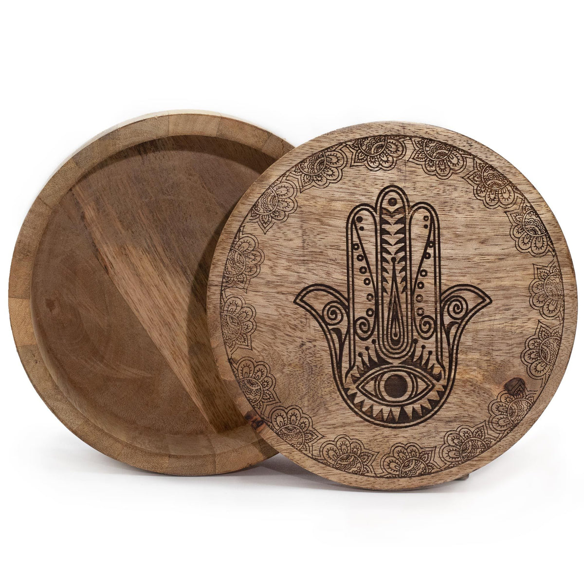 Rund träask – Hamsa, svart gravyr, 17,5 × 7,5 cm