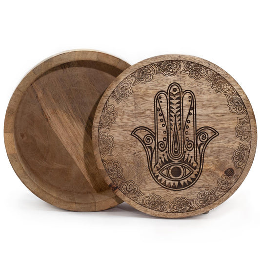 Rund träask – Hamsa, svart gravyr, 17,5 × 7,5 cm