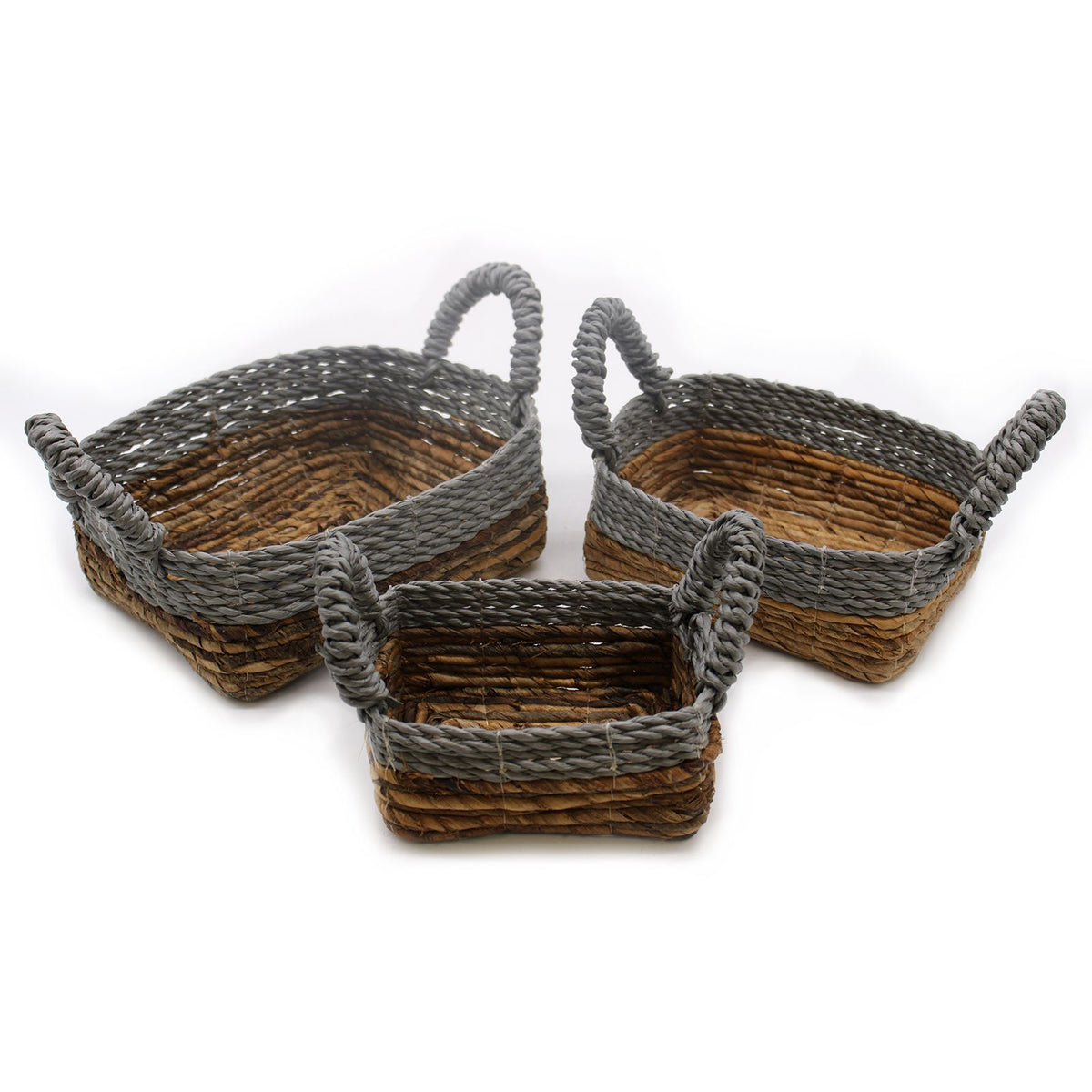 Förvaringskorgar av bananblad och raffia – grå detaljer, 3-pack