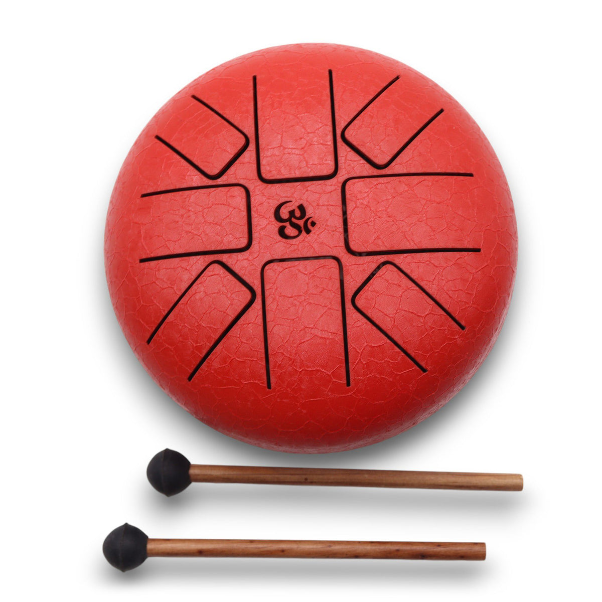 Ståltungtrumma – röd med Om-motiv, Ø16 cm