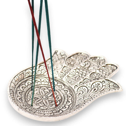 Rökelsehållare i aluminium – Hamsa, 18 × 13 cm
