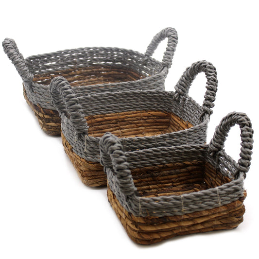 Förvaringskorgar av bananblad och raffia – grå detaljer, 3-pack