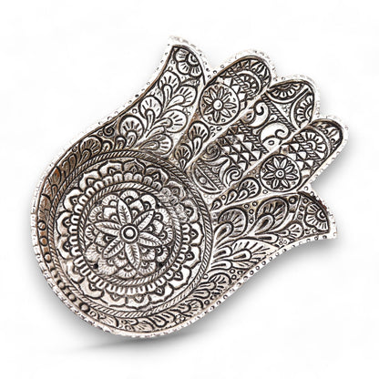 Rökelsehållare i aluminium – Hamsa, 18 × 13 cm
