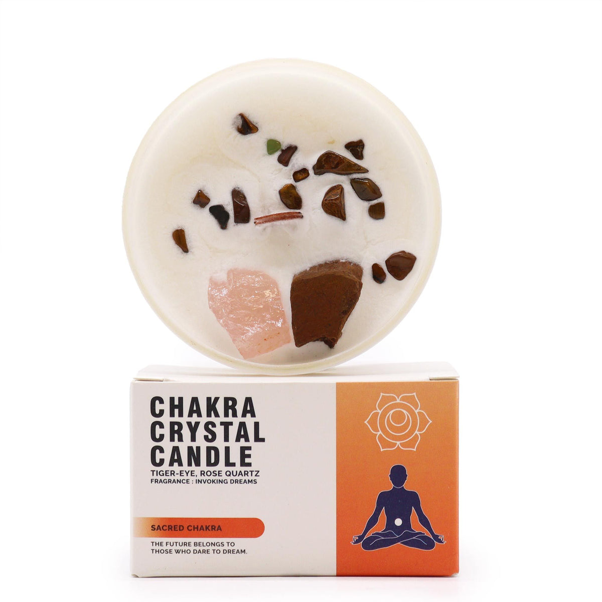 Chakraljus med kristaller – Sakralchakra, tigeröga & rosenkvarts