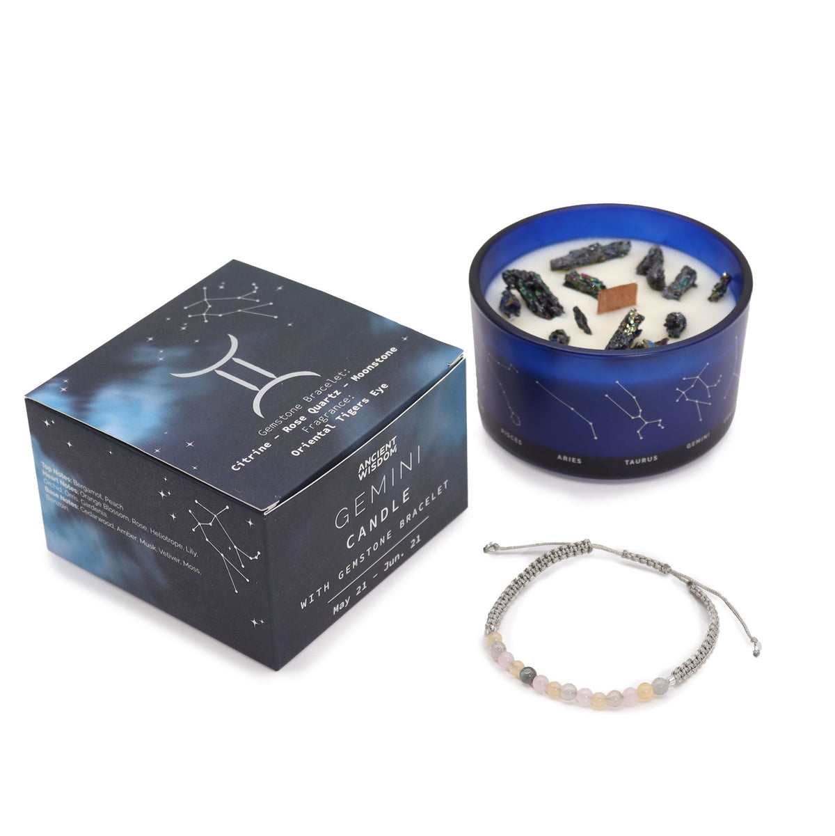 Zodiakljus med kristallarmband – Tvillingarna