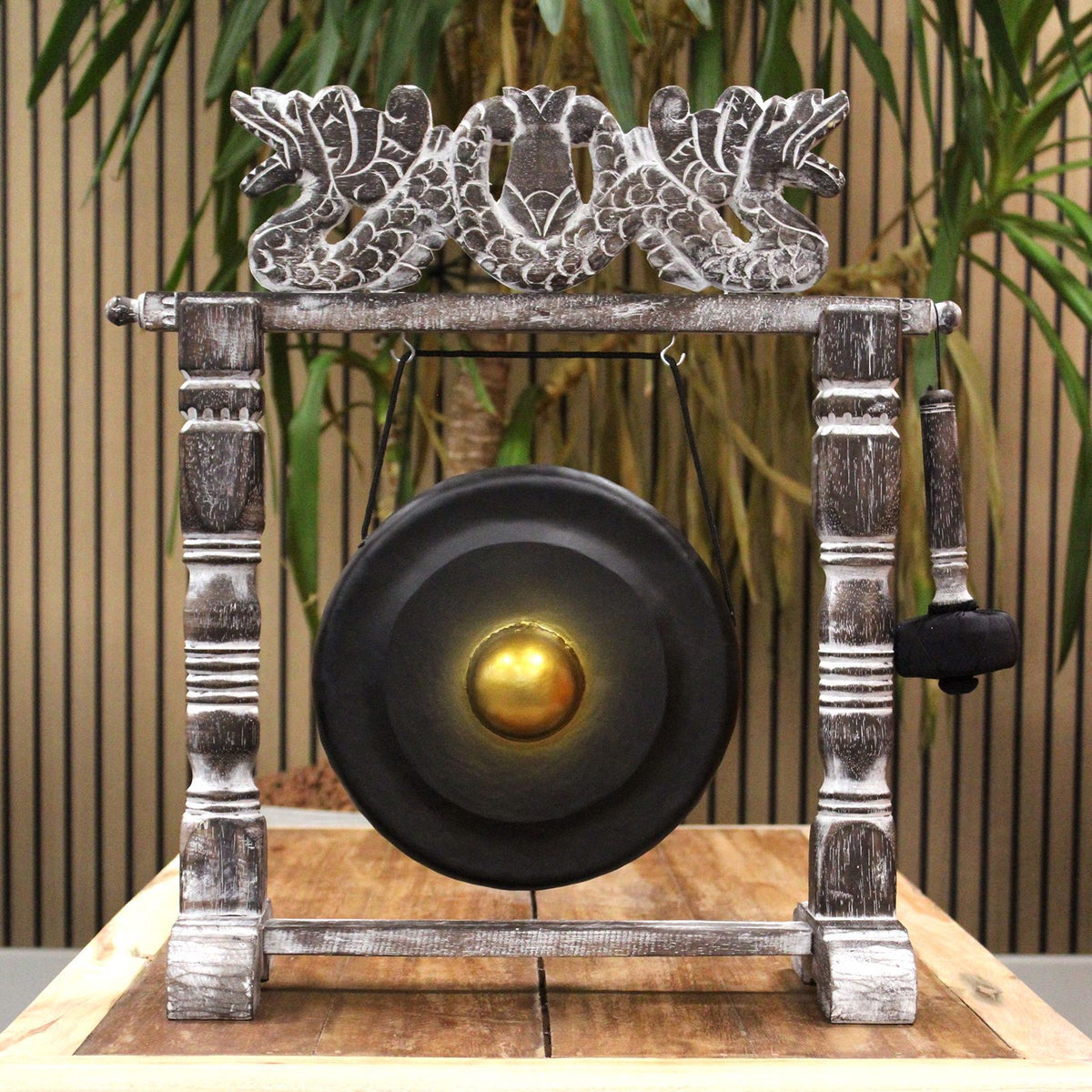 Gong med trästativ – svart, 25 cm