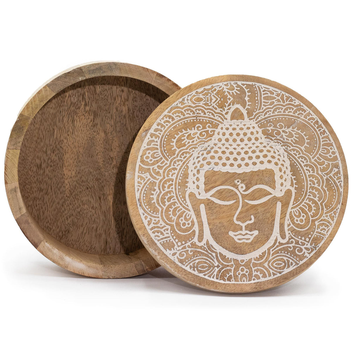 Rund träask – Buddha, vitlaserad, 17,5 × 7,5 cm