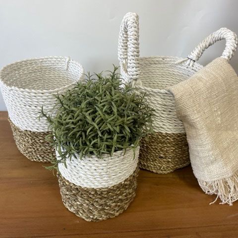 Förvaringskorgar i sjögräs – grått/natur/vitt set