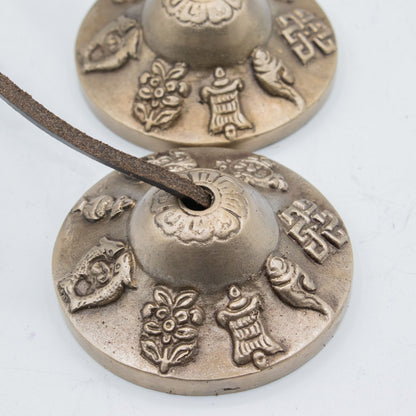 Tingsha i massiv mässing – lyckosymboler, ca 6 cm / 155 g