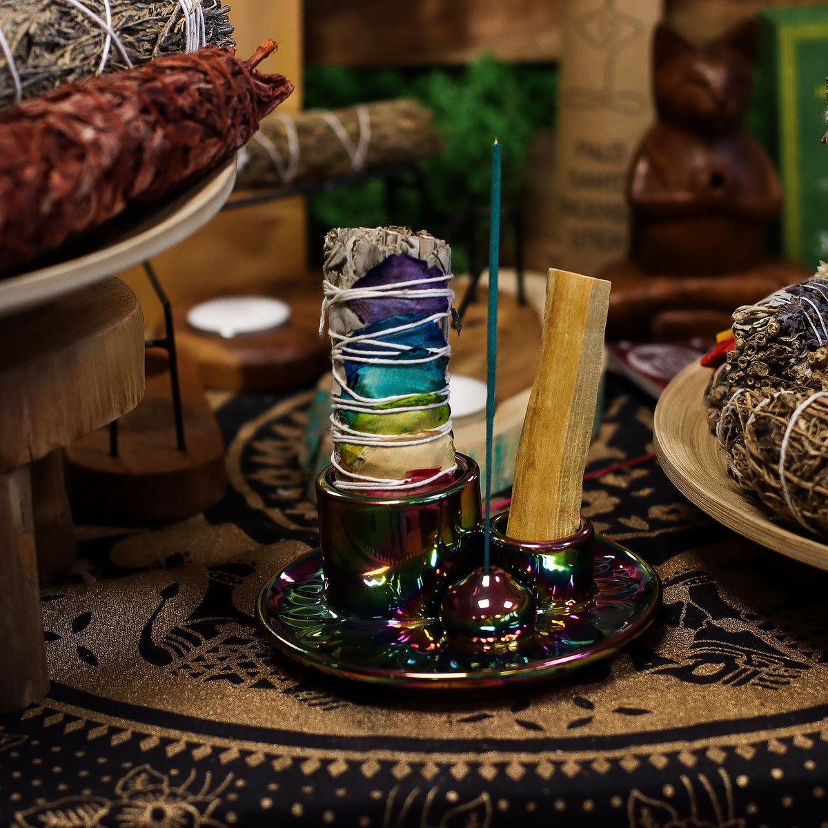 Palo Santo- & smudgehållare i keramik – mandala, regnbågsskimmer