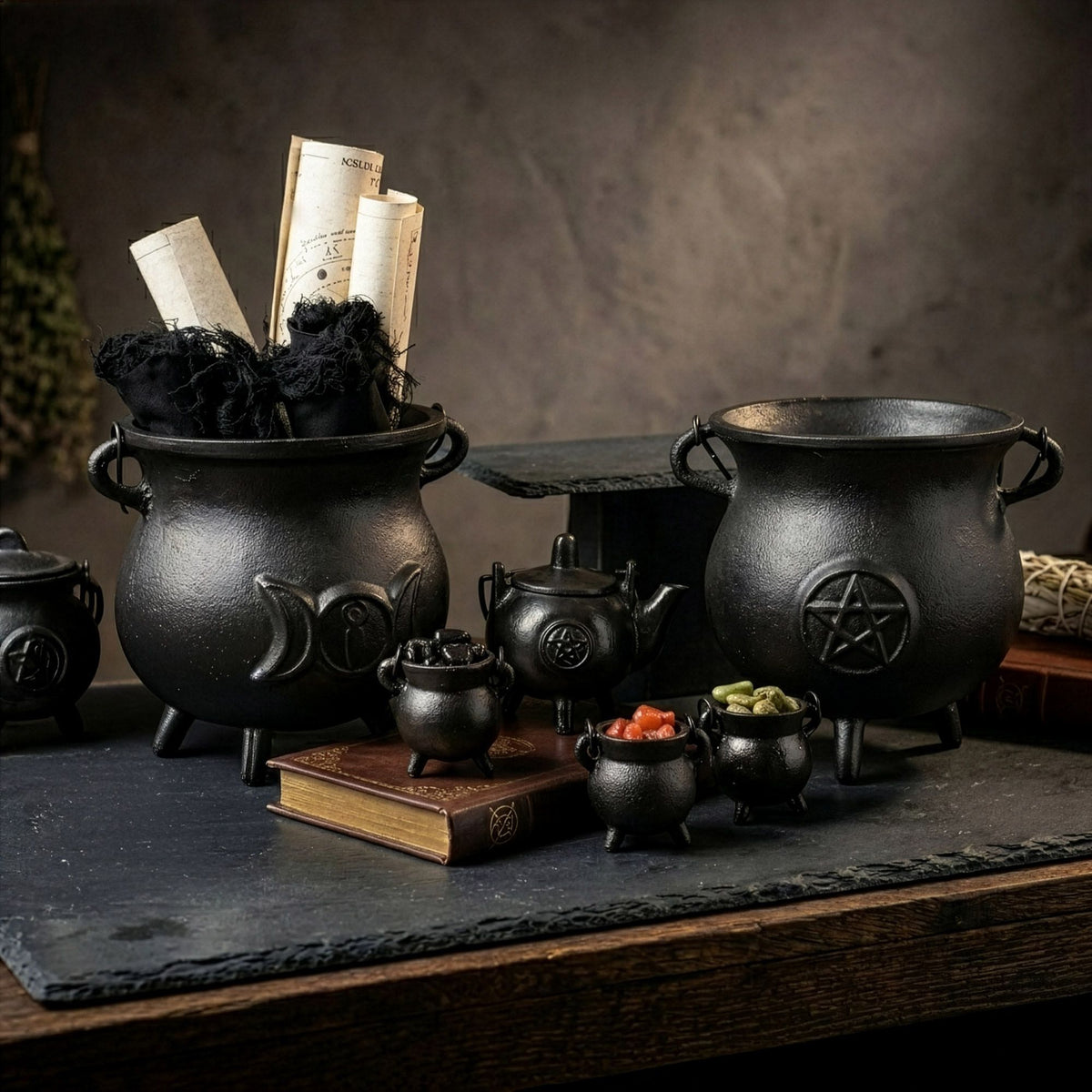 Stor ritualkittel i gjutjärn – pentagram, 23 × 18 cm, minst 4 kg