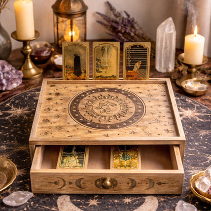 Tarotbox i trä med låda – Sol & måne