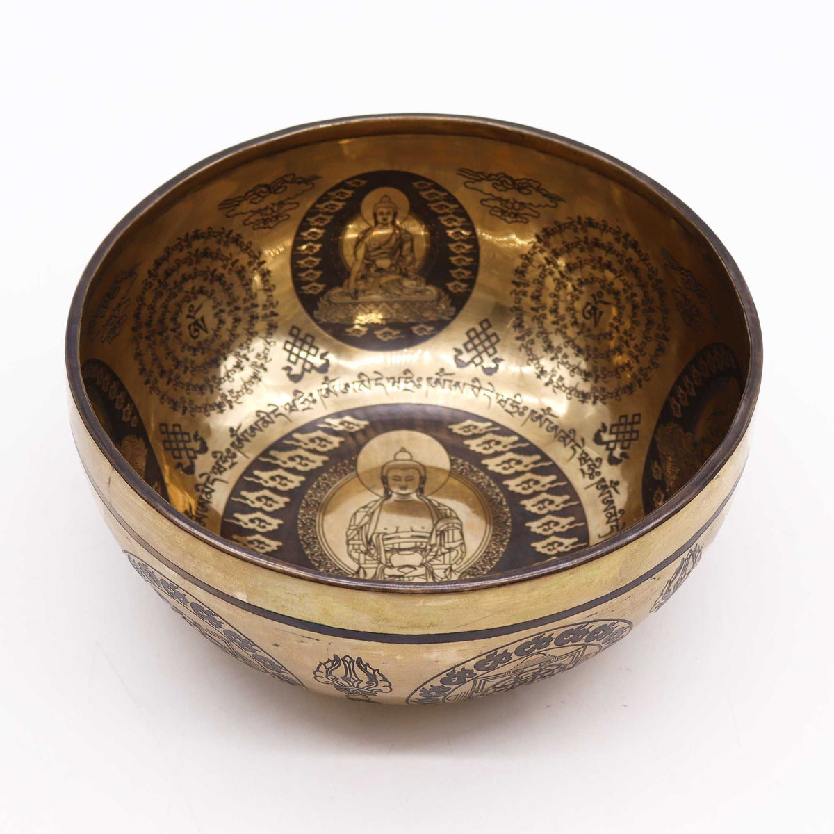 Graverad klangskål från Nepal – Fem Buddha, 21 cm