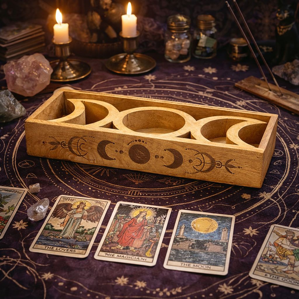 Tarotbricka i mangoträ – månfaser & korthållare