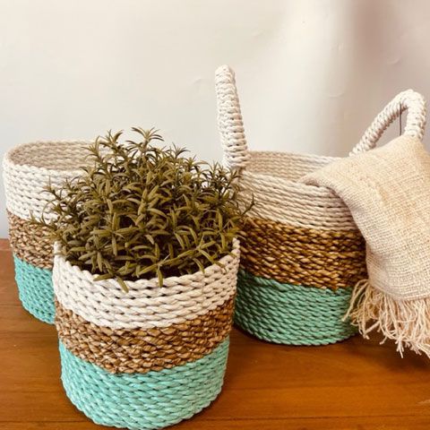 Förvaringskorgar i sjögräs – grönt/natur/vitt set