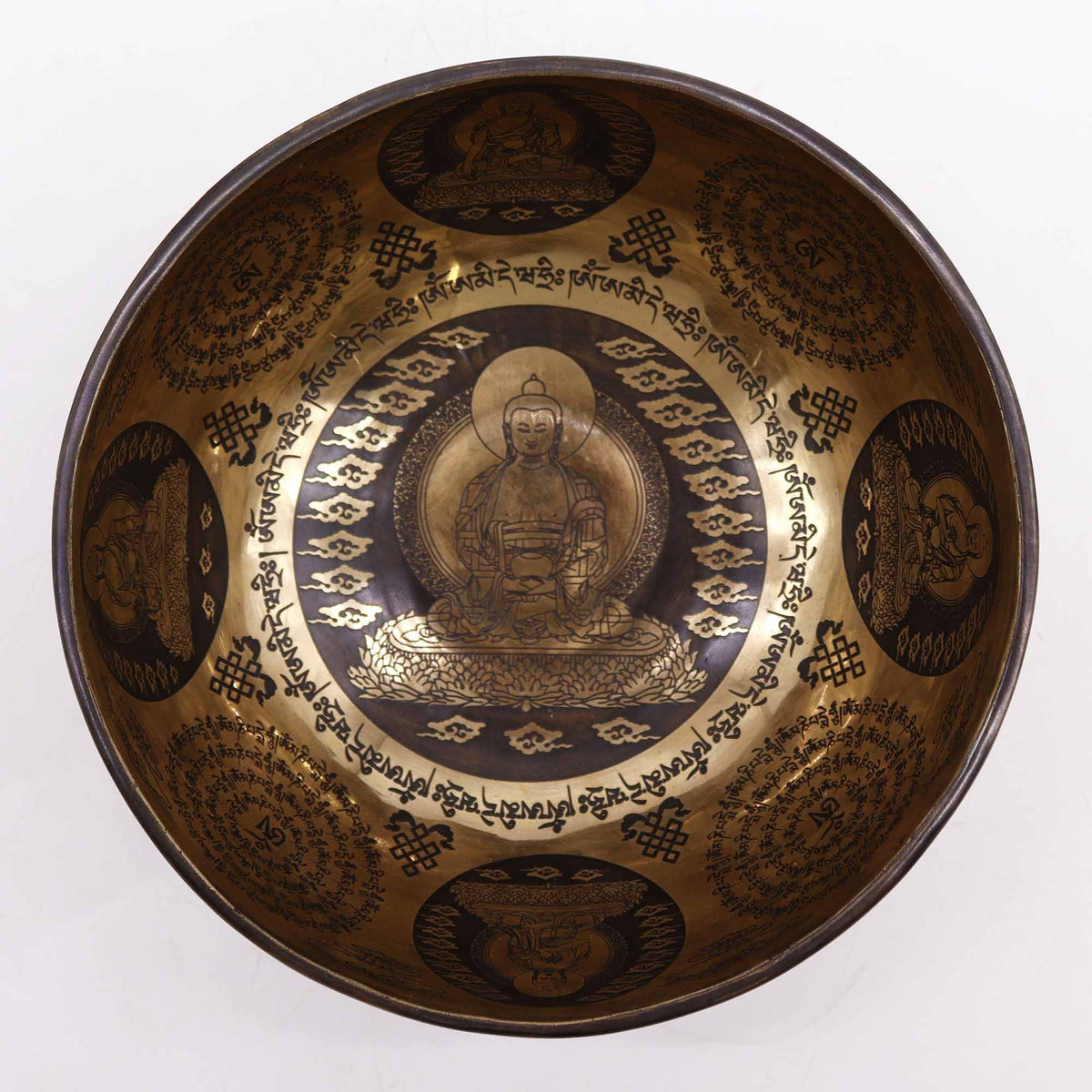 Graverad klangskål från Nepal – Fem Buddha, 21 cm