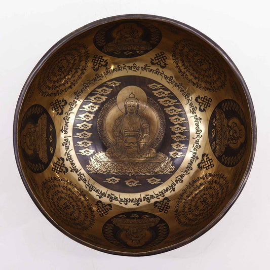 Graverad klangskål från Nepal – Fem Buddha, 21 cm