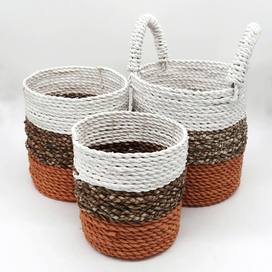 Förvaringskorgar i sjögräs – orange/natur/vitt set