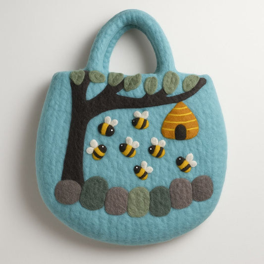 Tovad väska med träd och bikupa – 35 × 27 cm