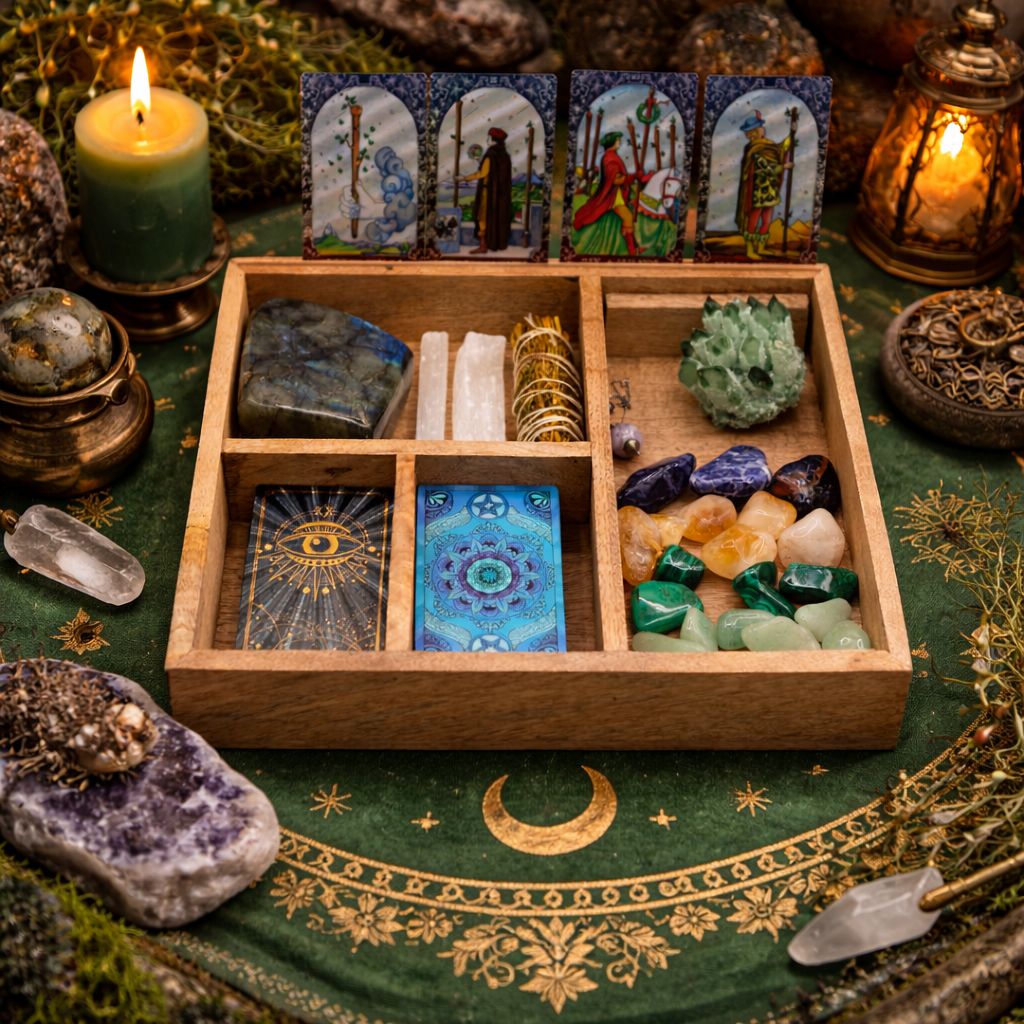 Tarotbox i mangoträ – fyra fack & korthållare