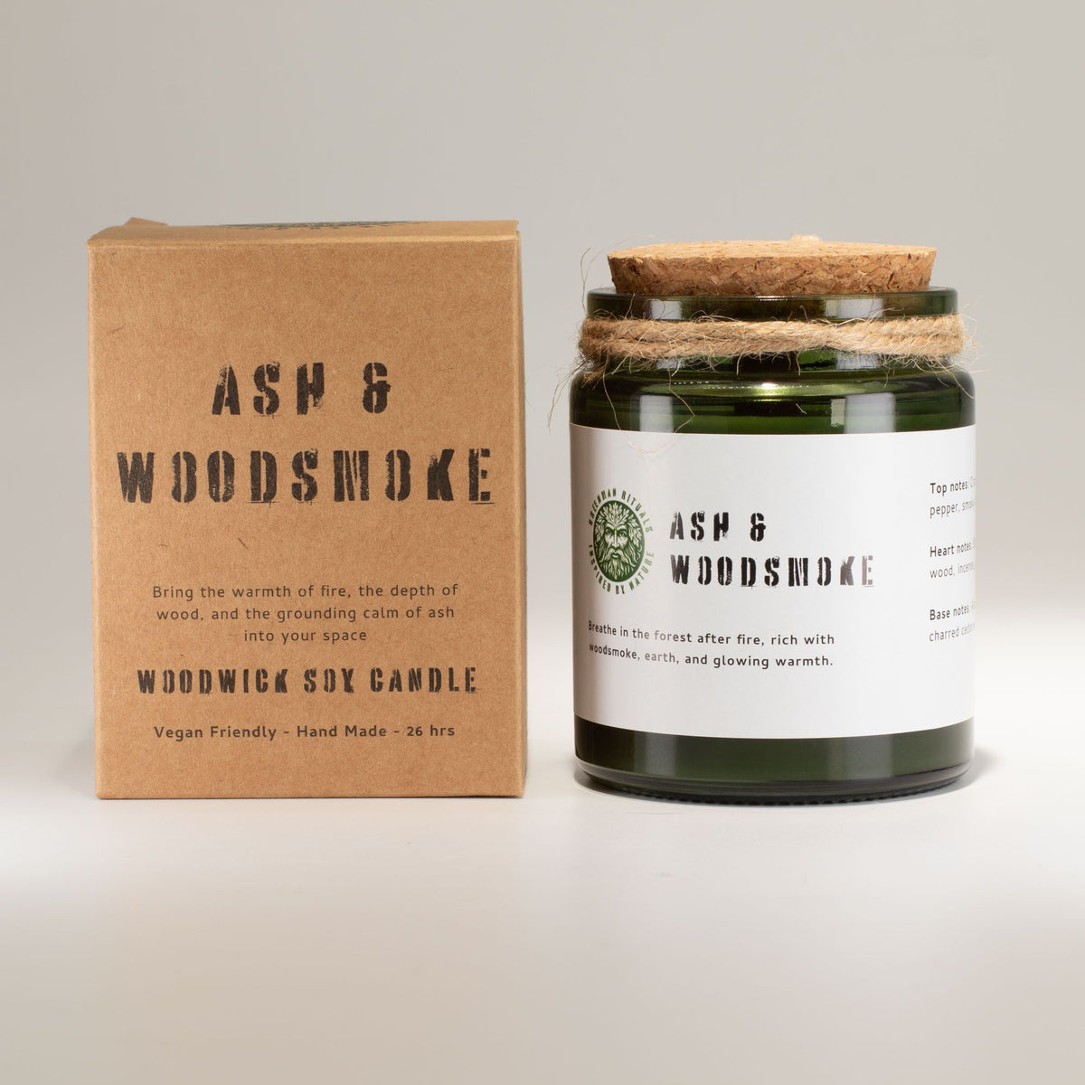 Greenman sojavaxljus med träveke – Ash & Woodsmoke