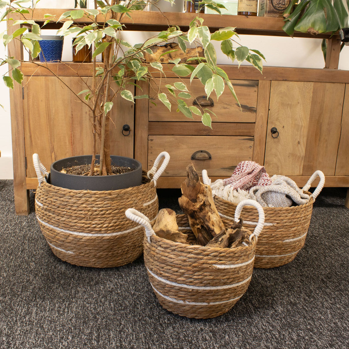 Stora förvaringskorgar i bomull/sjögräs – natur, 3-pack