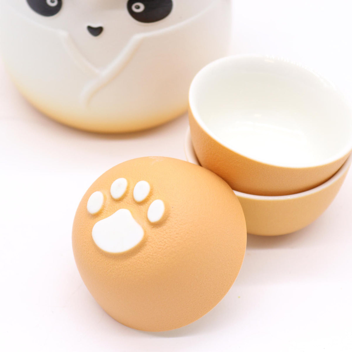 Teservis med panda – orange, tekanna och 3 koppar