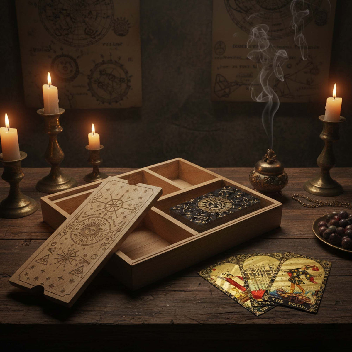 Tarotbox i trä – fyra breda fack & korthållare