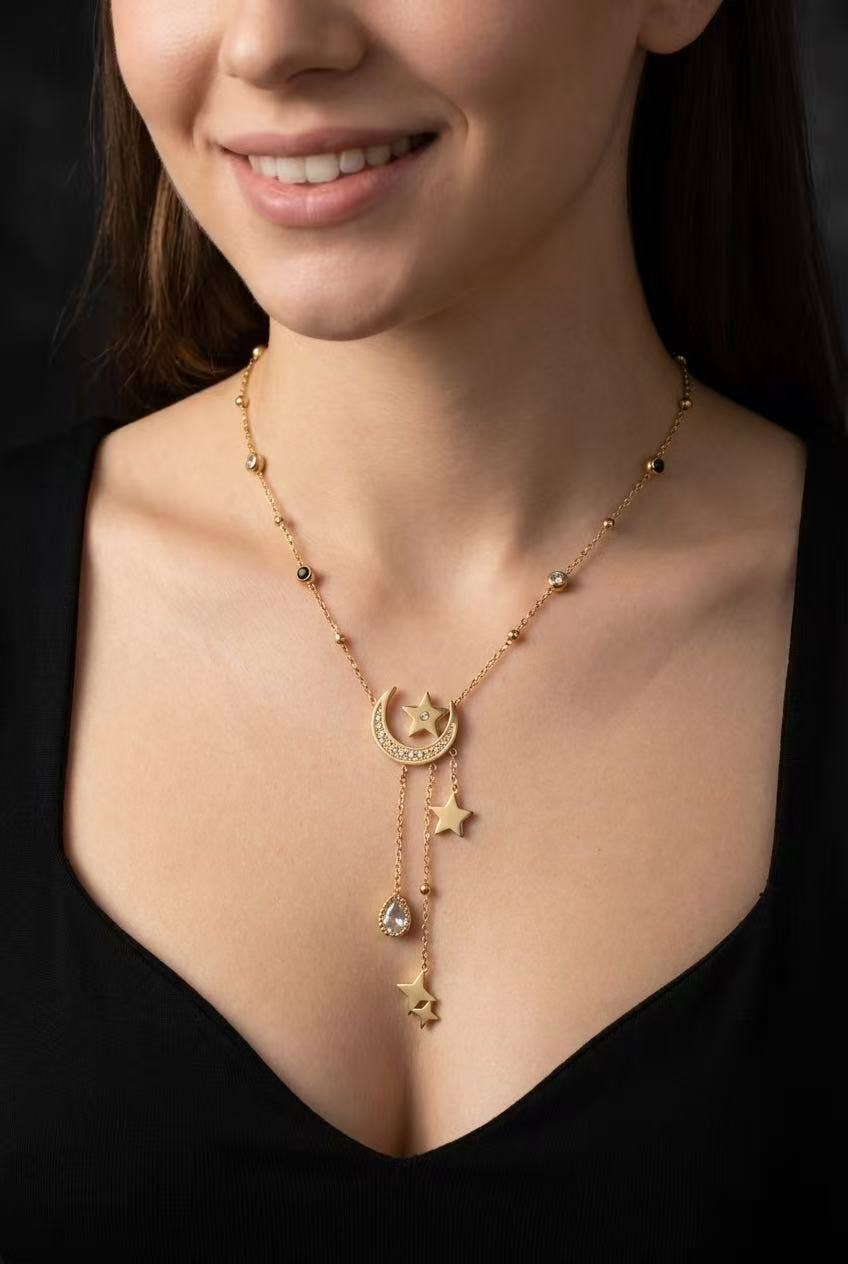 Gyllene himmelsk måne och stjärnor halsband i rostfritt stål