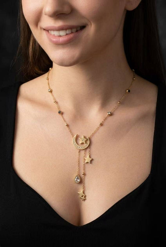 Gyllene himmelsk måne och stjärnor halsband i rostfritt stål