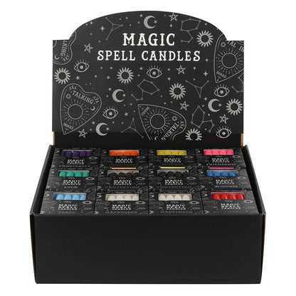 Butiksdisplay med många askar Magic Spell Candles