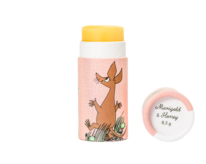 Öppet rosa läppcerat med Sniff och lock märkt Marigold & Honey, 8,5 g