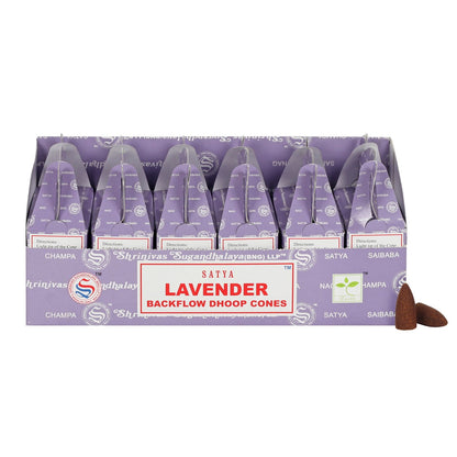 Flera Satya Lavender-förpackningar i en display – priset avser 1 förpackning med 24 koner
