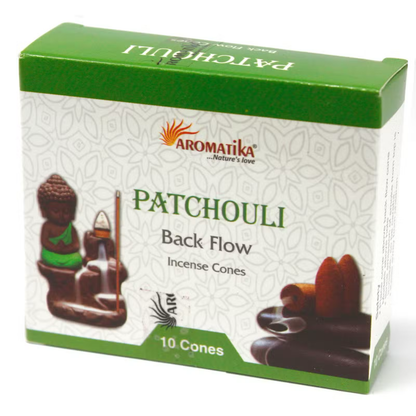 Grön och vit Aromatika-ask med 10 backflow-rökelsekoner, Patchouli