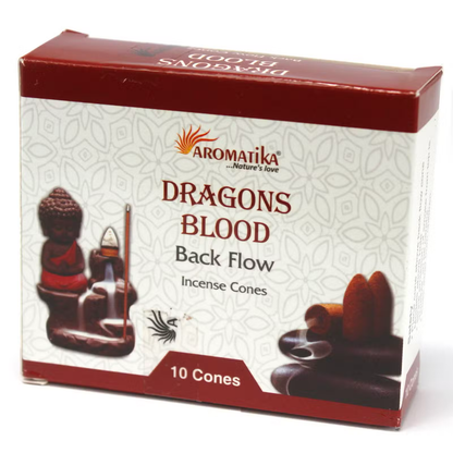 Röd och vit Aromatika-ask med 10 backflow-rökelsekoner, Dragons Blood