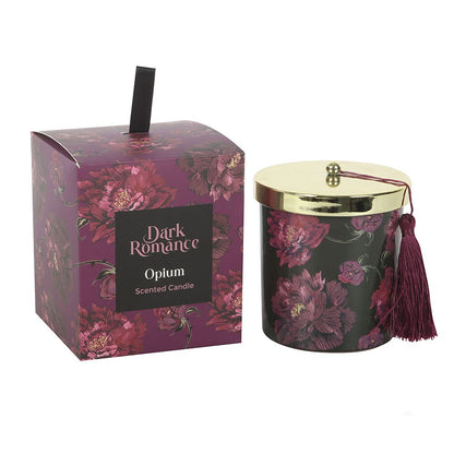 Dark Romance Opium-ljus med blommig förpackning och guldfärgat lock
