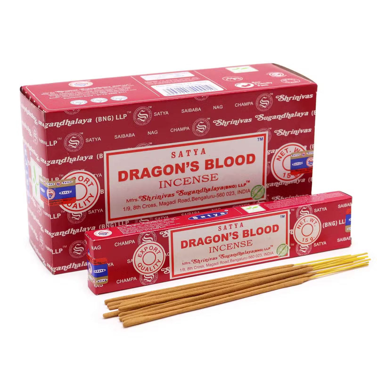 Satya Dragons Blood rökelse 15 g – visas med displaylåda och pinnar; priset avser 1 ask