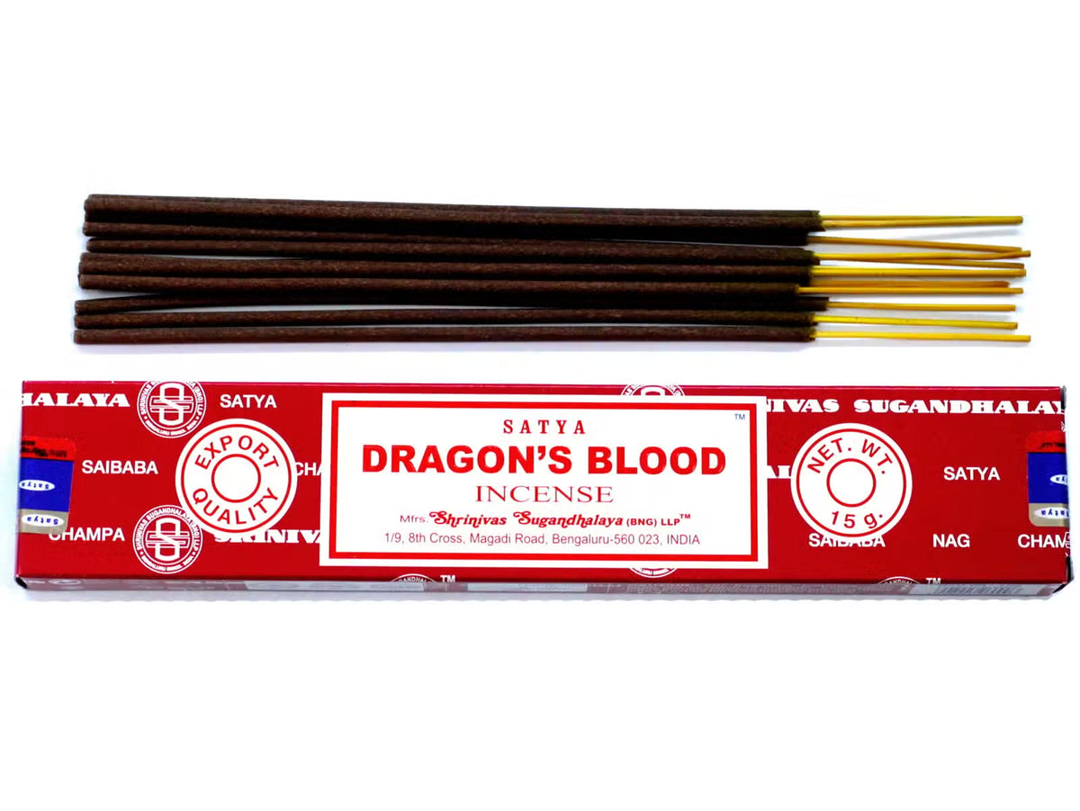 Satya Dragons Blood rökelse 15 g – en ask med rökelsepinnar