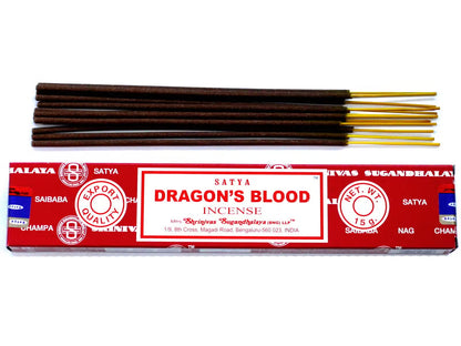 Satya Dragons Blood rökelse 15 g – en ask med rökelsepinnar