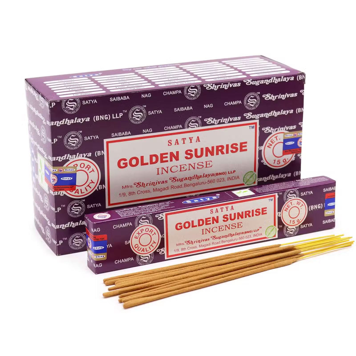 Satya Golden Sunrise rökelse 15 g – en ask med rökelsepinnar