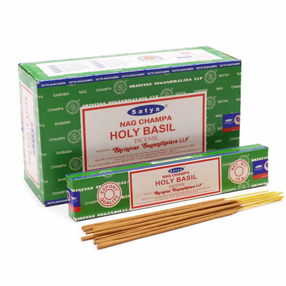 Satya Holy Basil rökelse 15 g – visas med displaylåda och pinnar; priset avser 1 ask