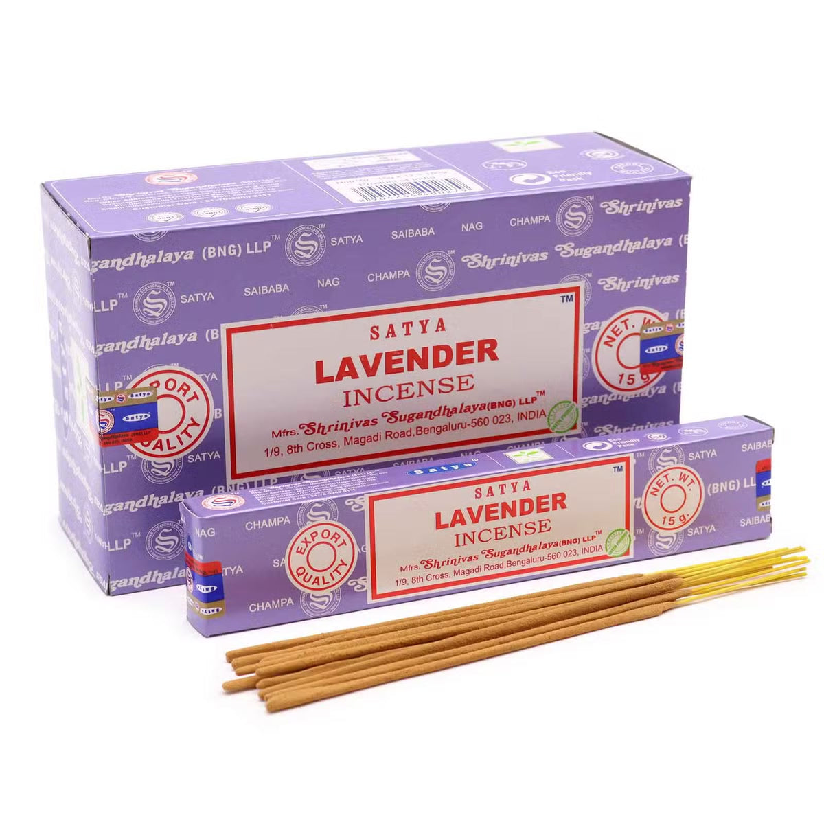 Satya Lavender rökelse 15 g – visas med displaylåda och pinnar; priset avser 1 ask