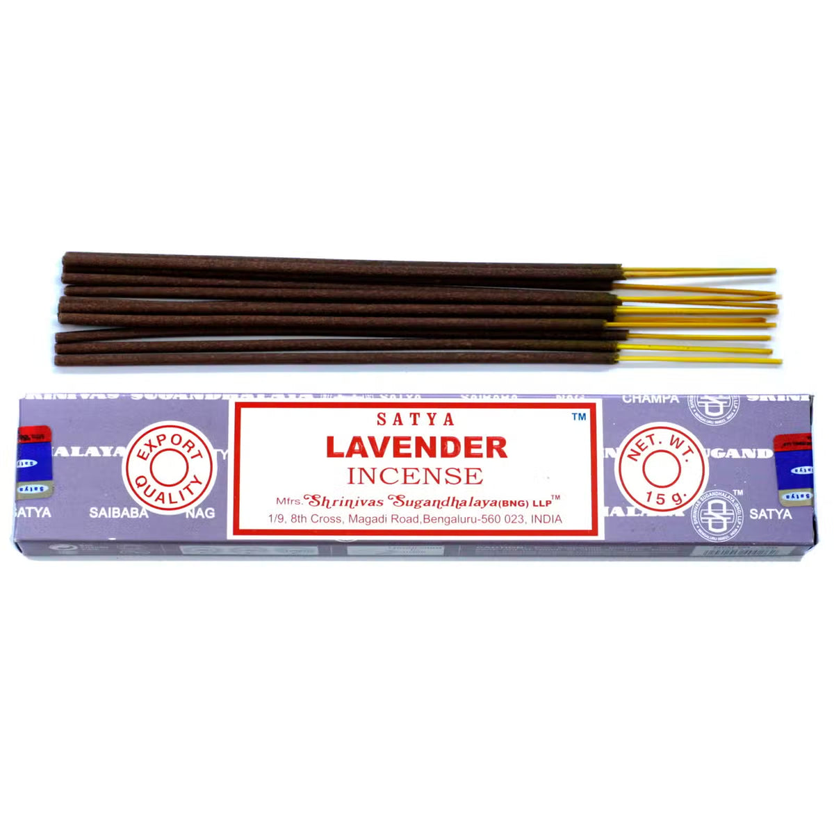 Satya Lavender rökelse 15 g – en ask med rökelsepinnar