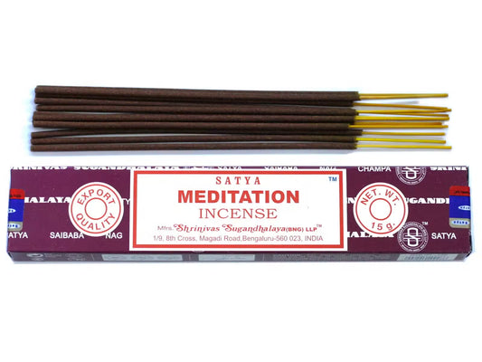 Satya Meditation rökelse 15 g – en ask med rökelsepinnar