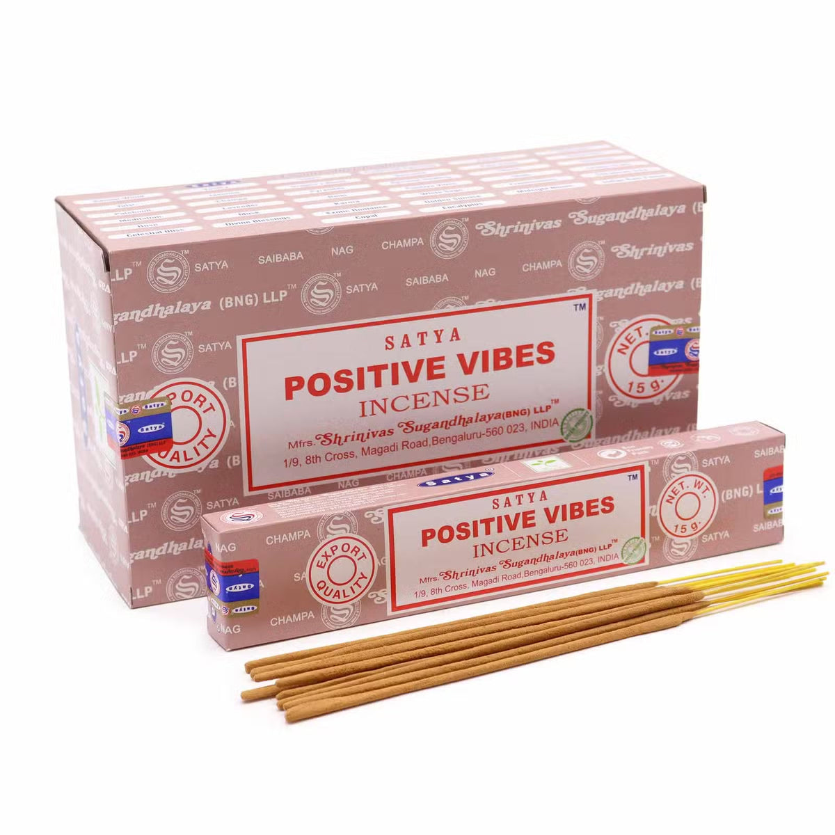 Satya Positive Vibes rökelse 15 g – visas med displaylåda och pinnar; priset avser 1 ask