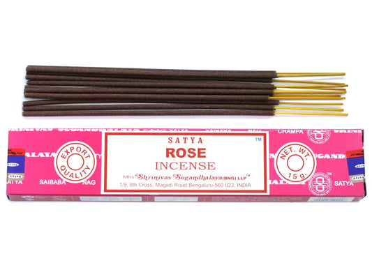 Satya Rose rökelse 15 g – en ask med rökelsepinnar