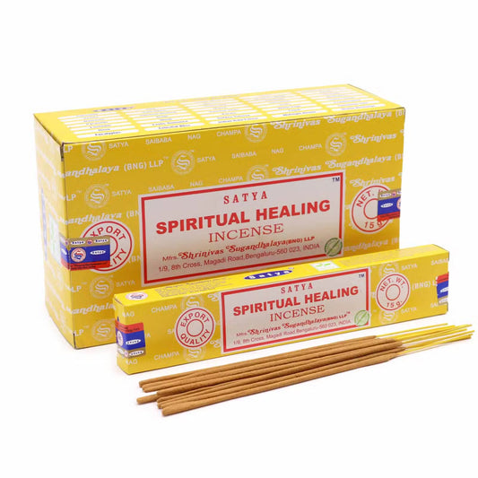 Satya Spiritual Healing rökelse 15 g – visas med displaylåda och pinnar; priset avser 1 ask