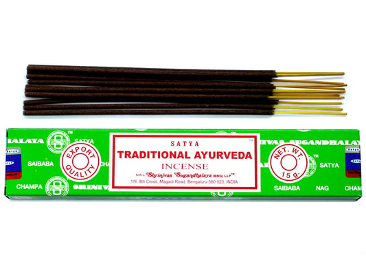 Satya Traditional Ayurveda rökelse 15 g – en ask med rökelsepinnar