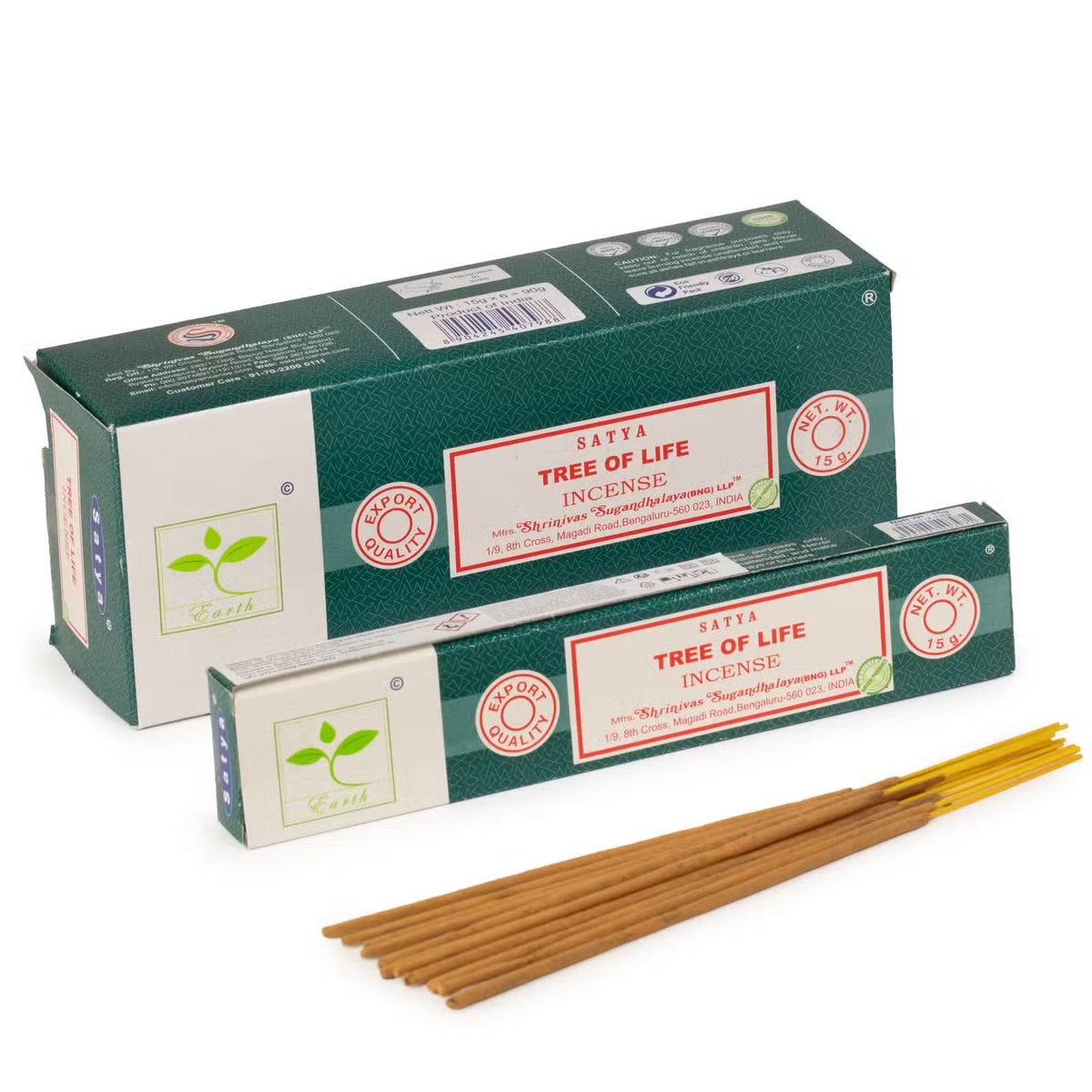 Satya Tree of Life rökelse 15 g – visas med displaylåda och pinnar; priset avser 1 ask