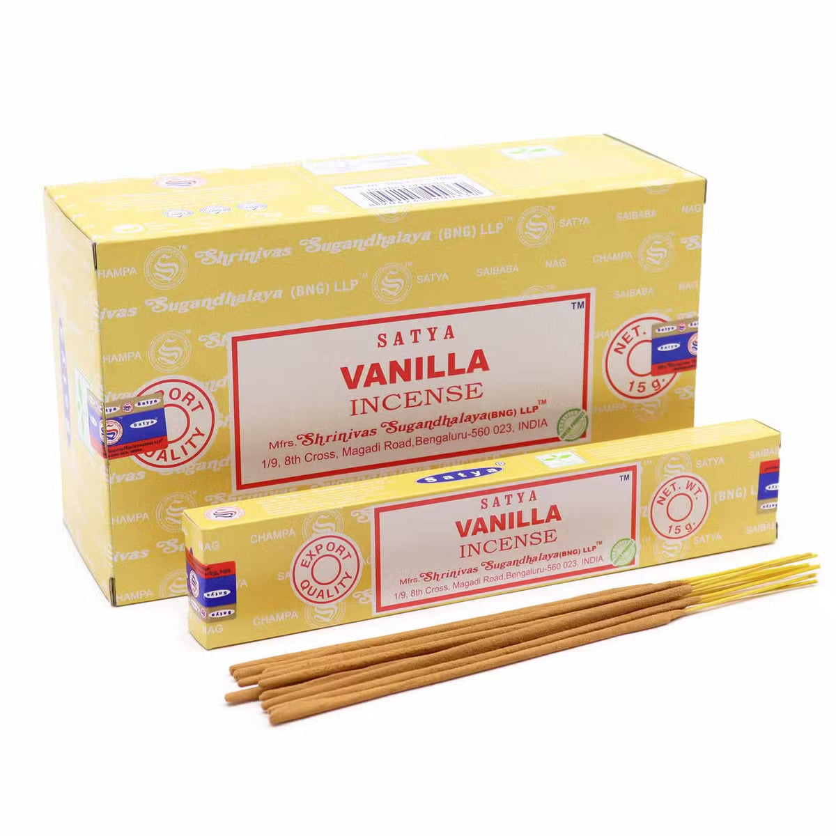 Satya Vanilla rökelse 15 g – en ask med rökelsepinnar